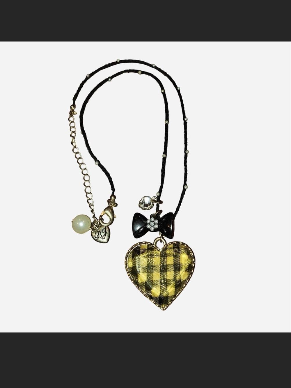 Vintage Y2k Betsey Johnson Yellow Plaid Heart Necklace